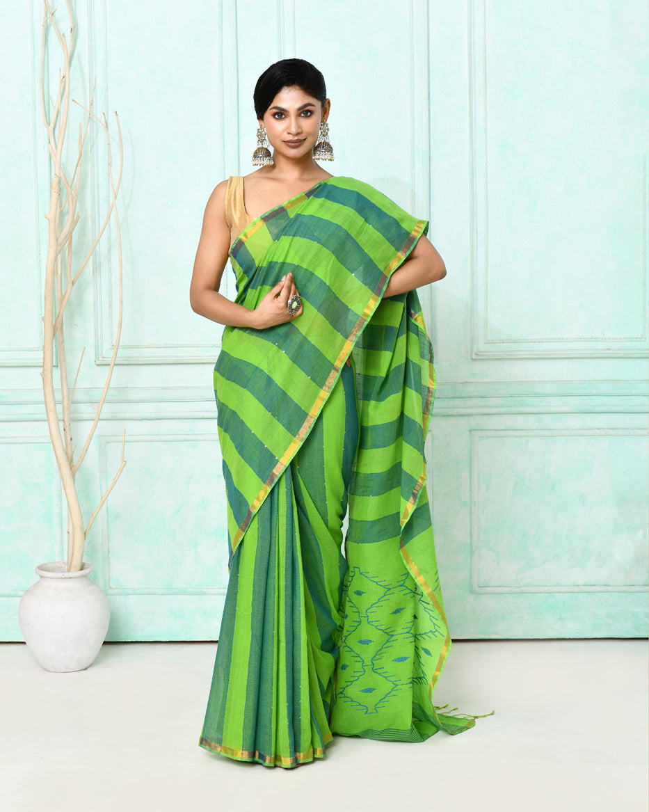 Piyari Fashion Women's Green Cotton Handloom Jamdani Saree With Blouse - Distacart
