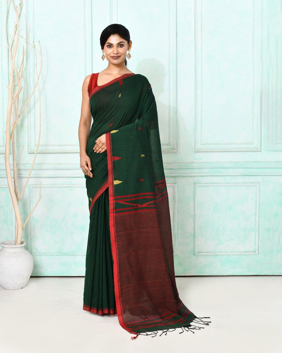 Piyari Fashion Women's Dark Green Cotton Handloom Jamdani Saree With Blouse - Distacart