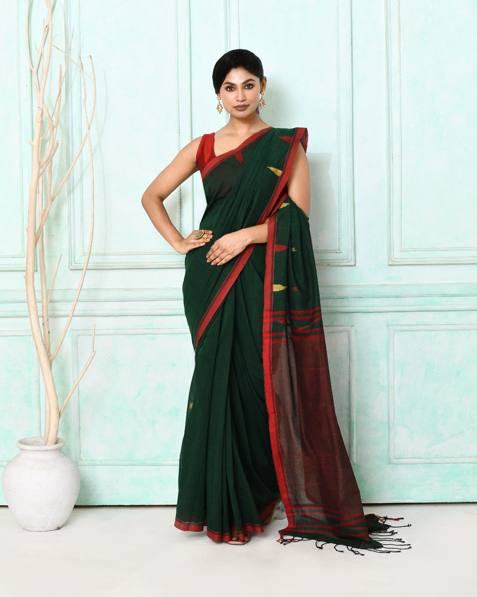 Piyari Fashion Women's Dark Green Cotton Handloom Jamdani Saree With Blouse - Distacart