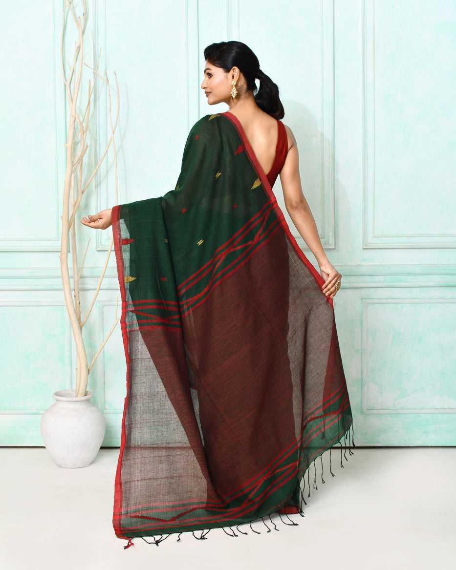 Piyari Fashion Women's Dark Green Cotton Handloom Jamdani Saree With Blouse - Distacart