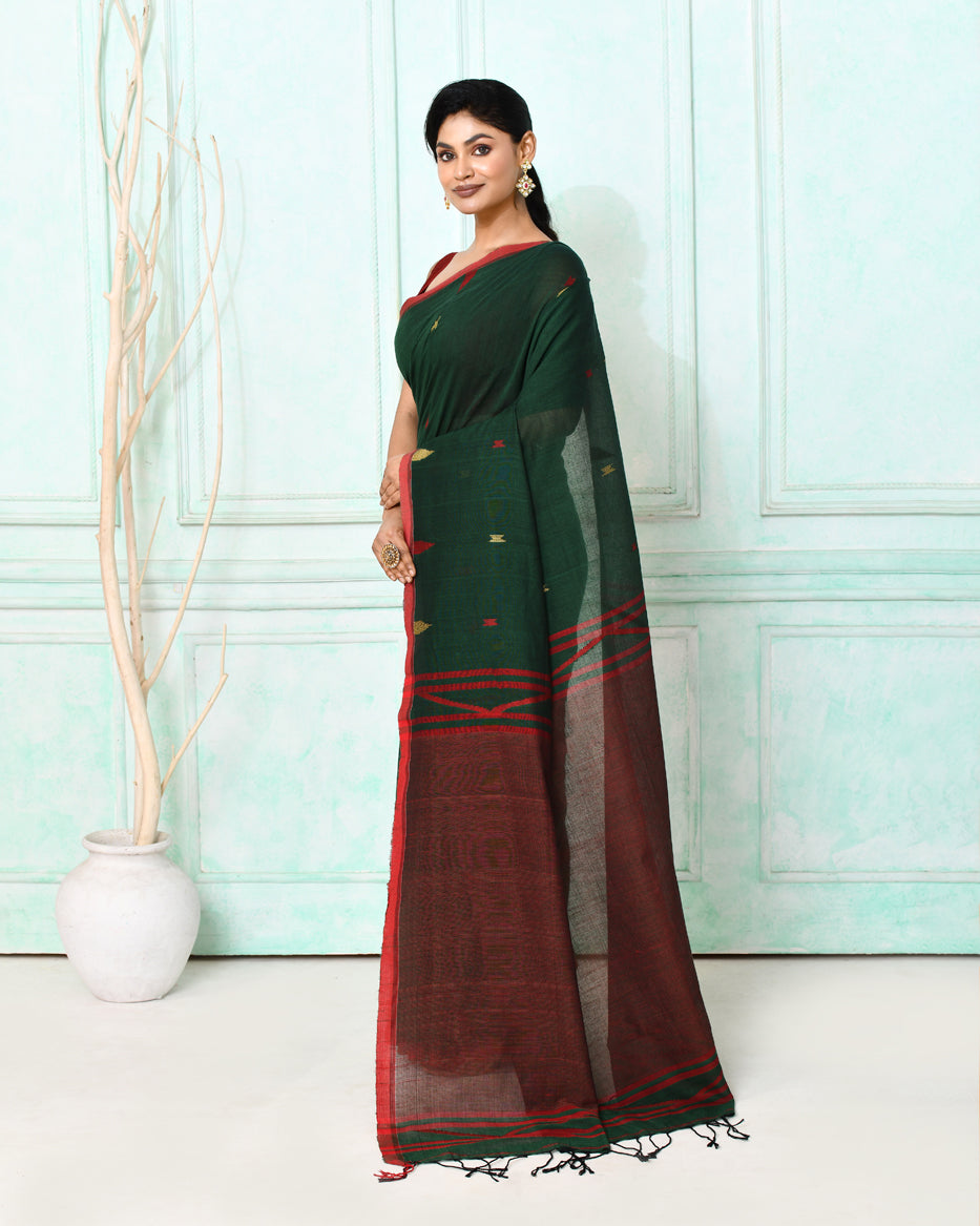 Piyari Fashion Women's Dark Green Cotton Handloom Jamdani Saree With Blouse - Distacart