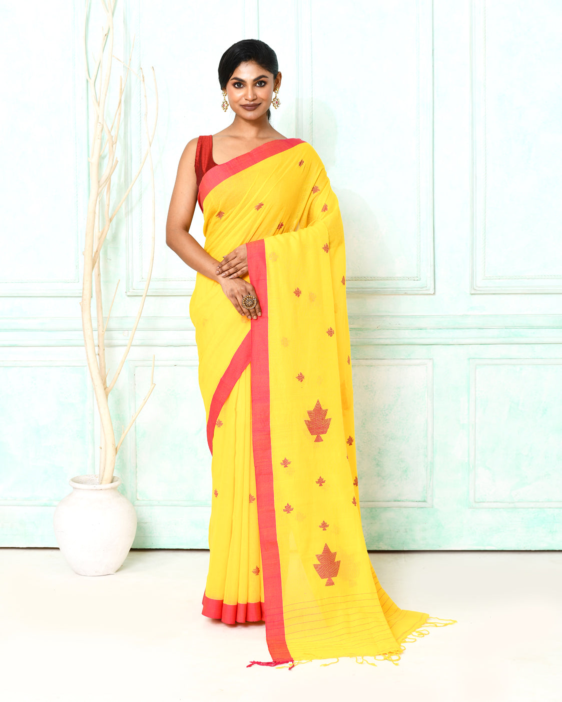 Piyari Fashion Women's Yellow Cotton Handloom Jamdani Saree With Blouse - Distacart