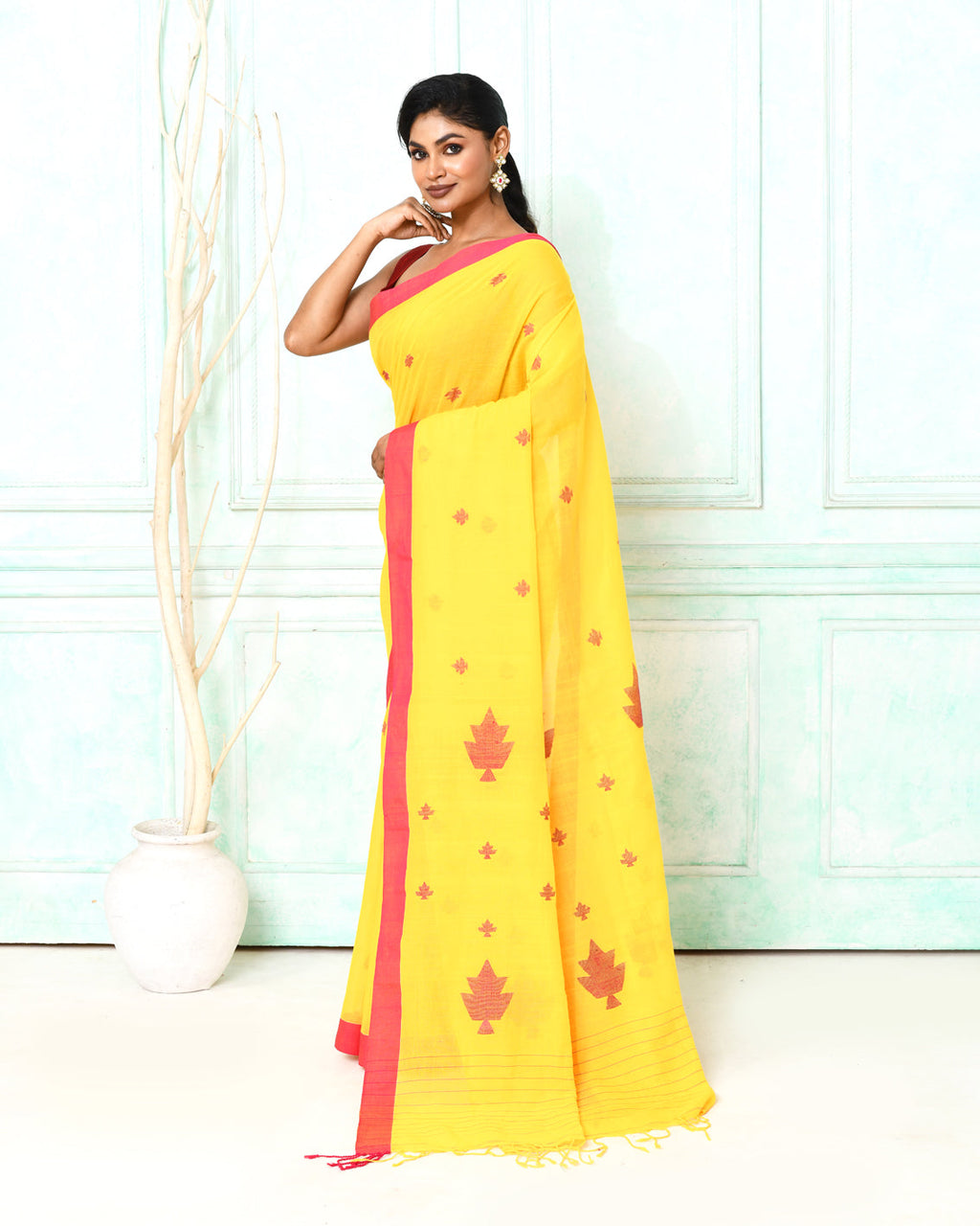Piyari Fashion Women's Yellow Cotton Handloom Jamdani Saree With Blouse - Distacart