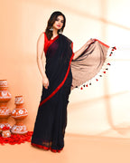 Piyari Fashion Red Border Black Mulmul Cotton Saree With Tassels - Distacart