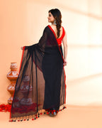 Piyari Fashion Red Border Black Mulmul Cotton Saree With Tassels - Distacart
