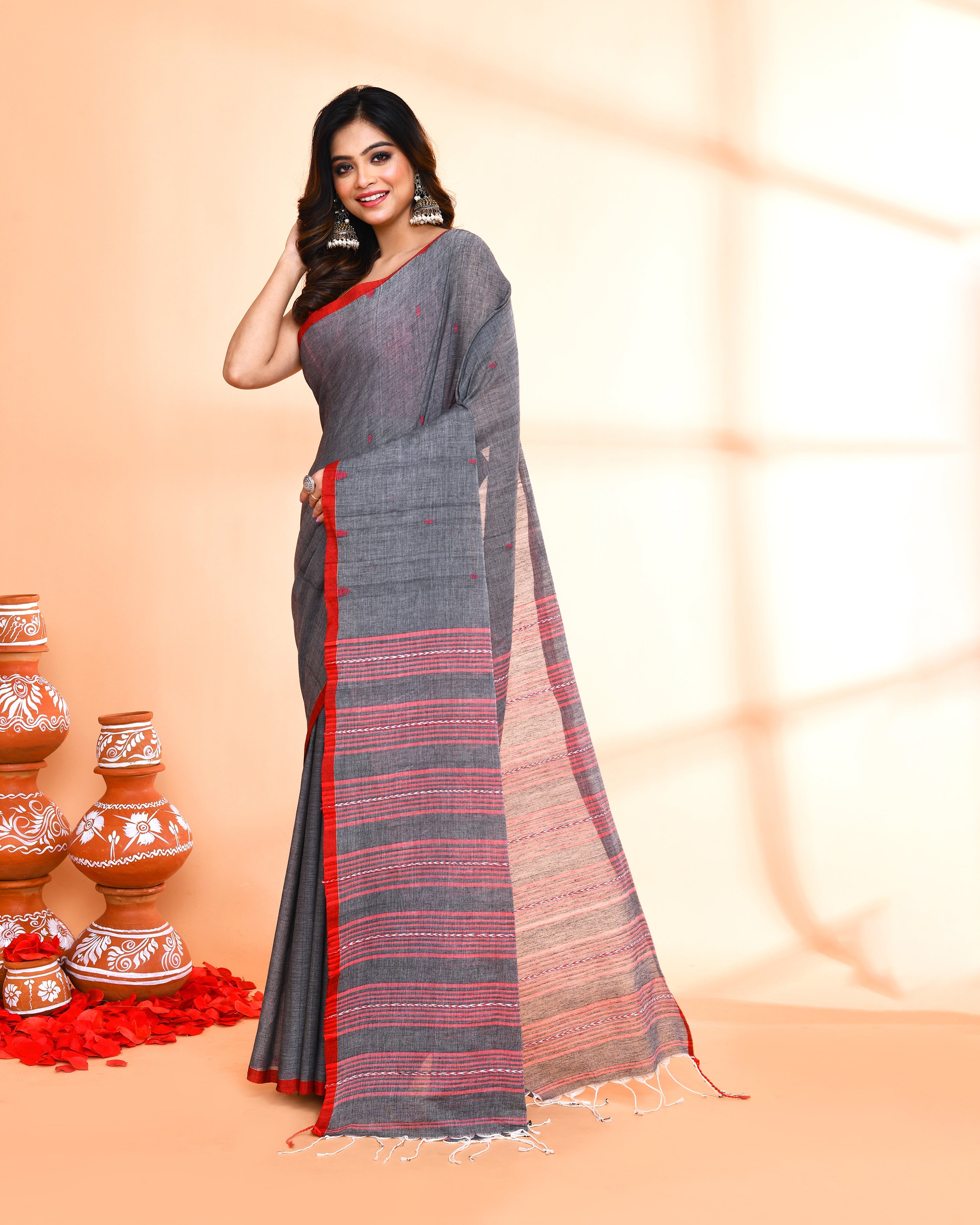 Piyari Fashion Women`s Grey Hand Work Cotton Saree With Blouse - Distacart