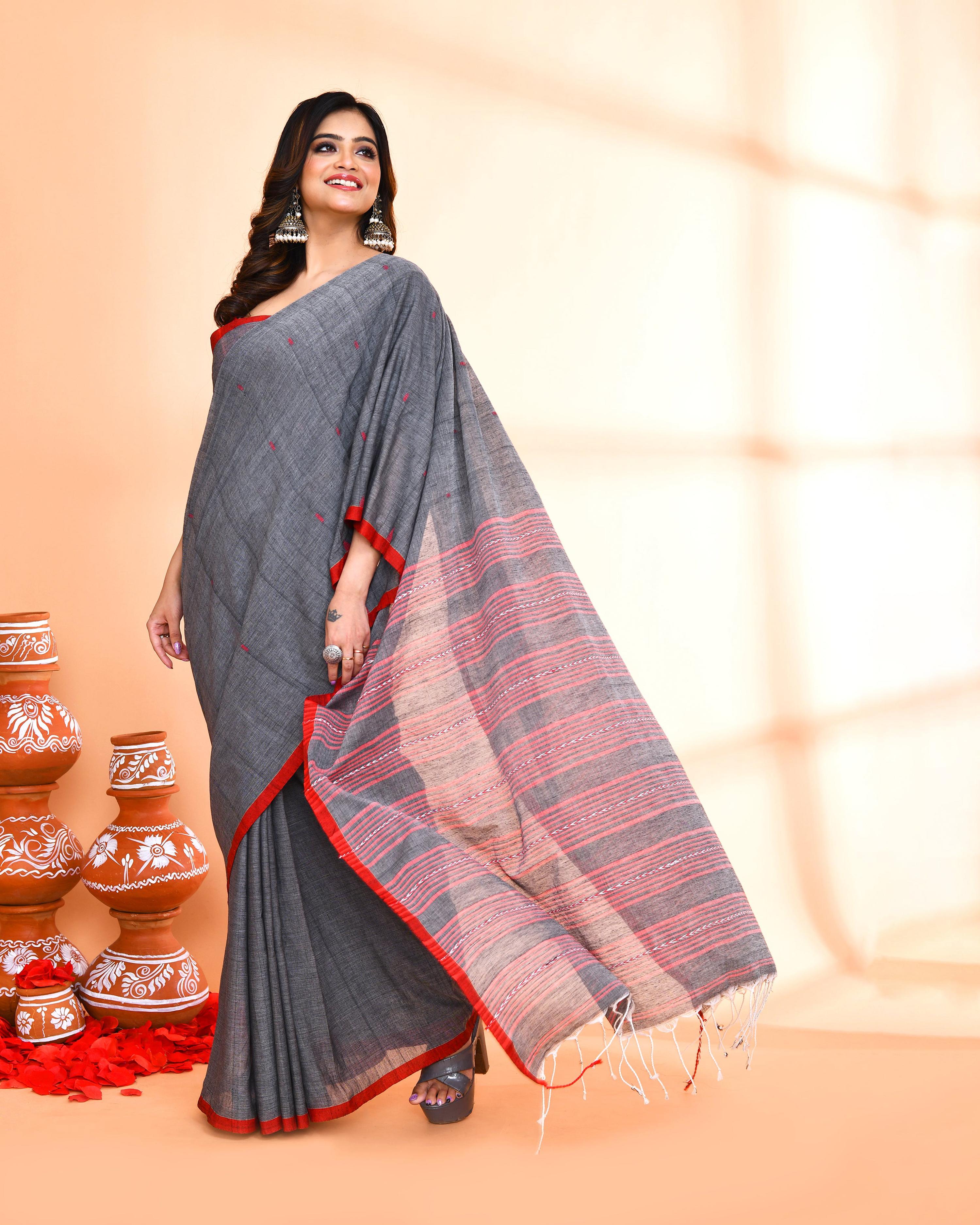 Piyari Fashion Women`s Grey Hand Work Cotton Saree With Blouse - Distacart