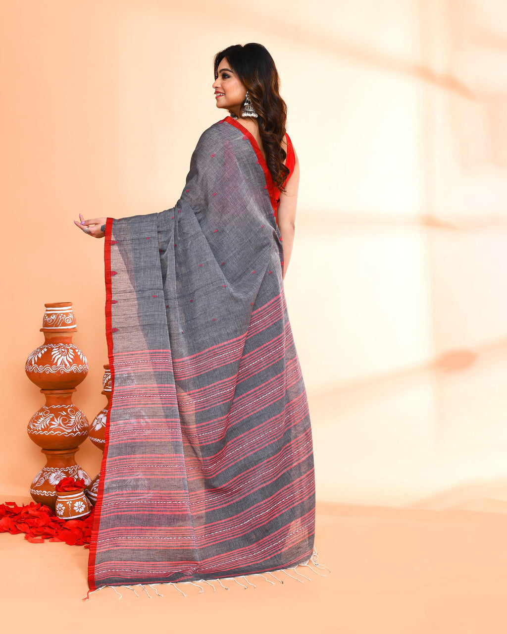 Piyari Fashion Women`s Grey Hand Work Cotton Saree With Blouse - Distacart