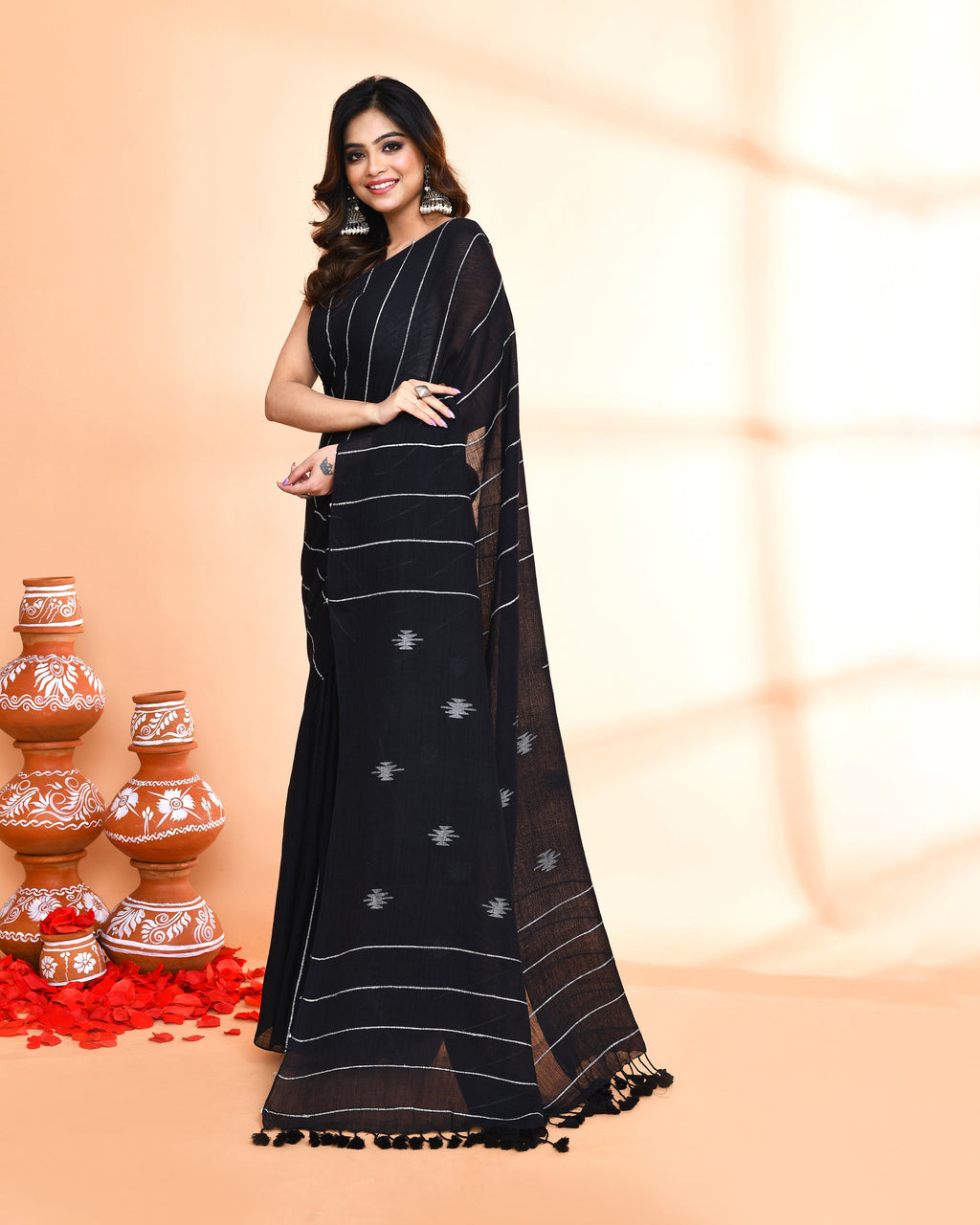 Piyari Fashion Women`s Black Hand Work Cotton Jamdani Saree With Blouse - Distacart