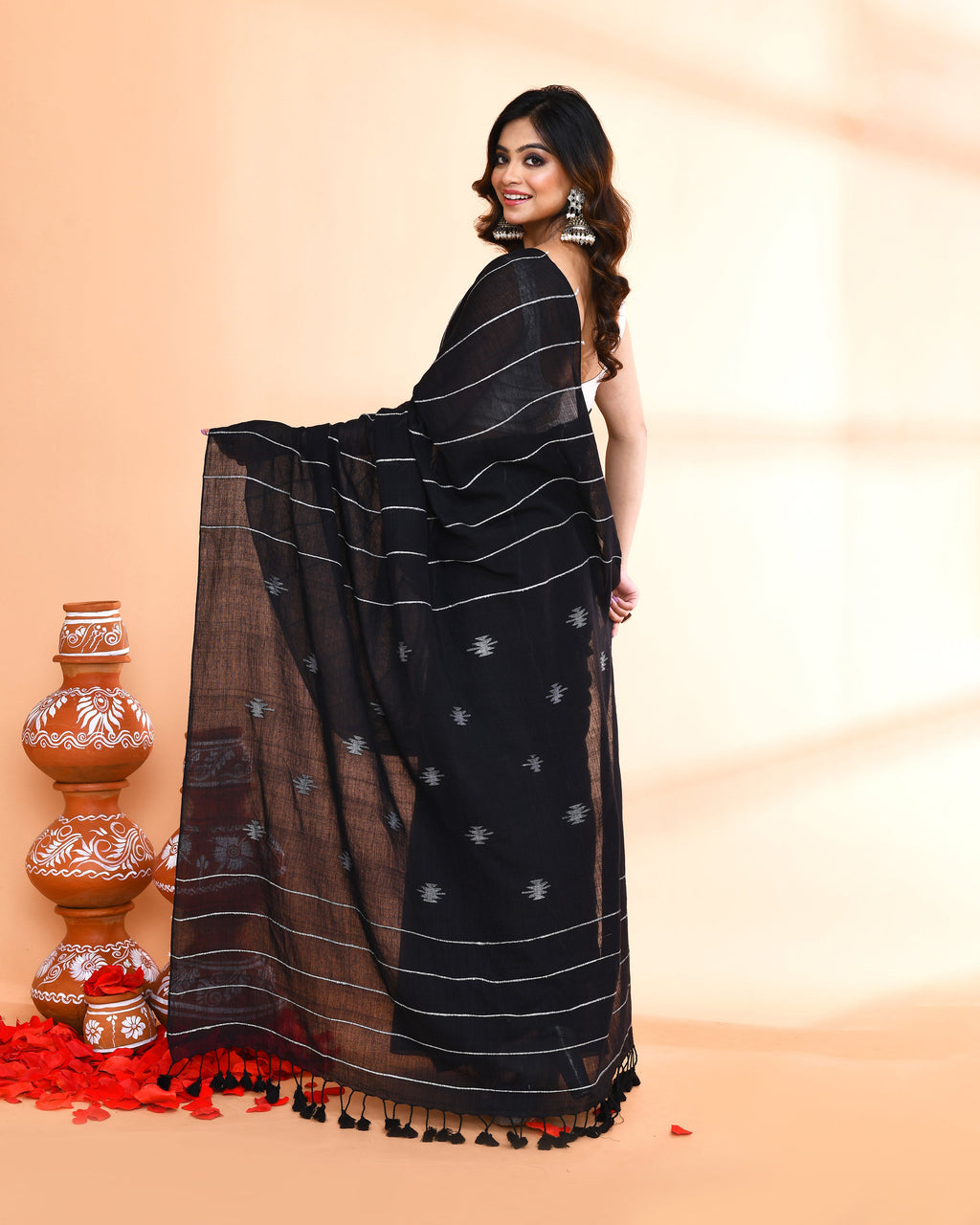 Piyari Fashion Women`s Black Hand Work Cotton Jamdani Saree With Blouse - Distacart