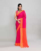 Piyari Fashion Orange Border Rani Pink Cotton Saree With Tassels - Distacart