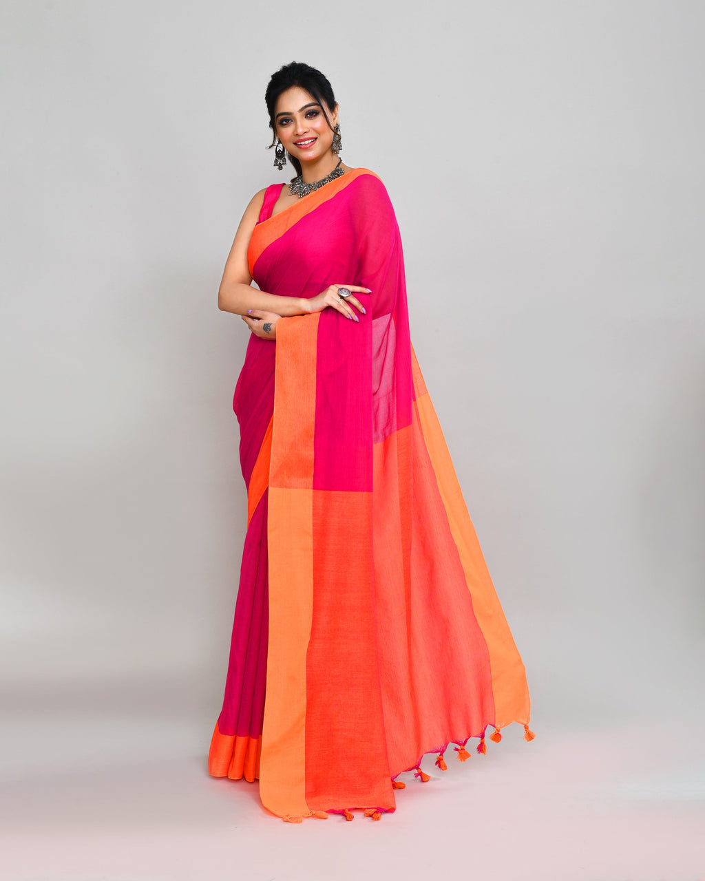 Piyari Fashion Orange Border Rani Pink Cotton Saree With Tassels - Distacart