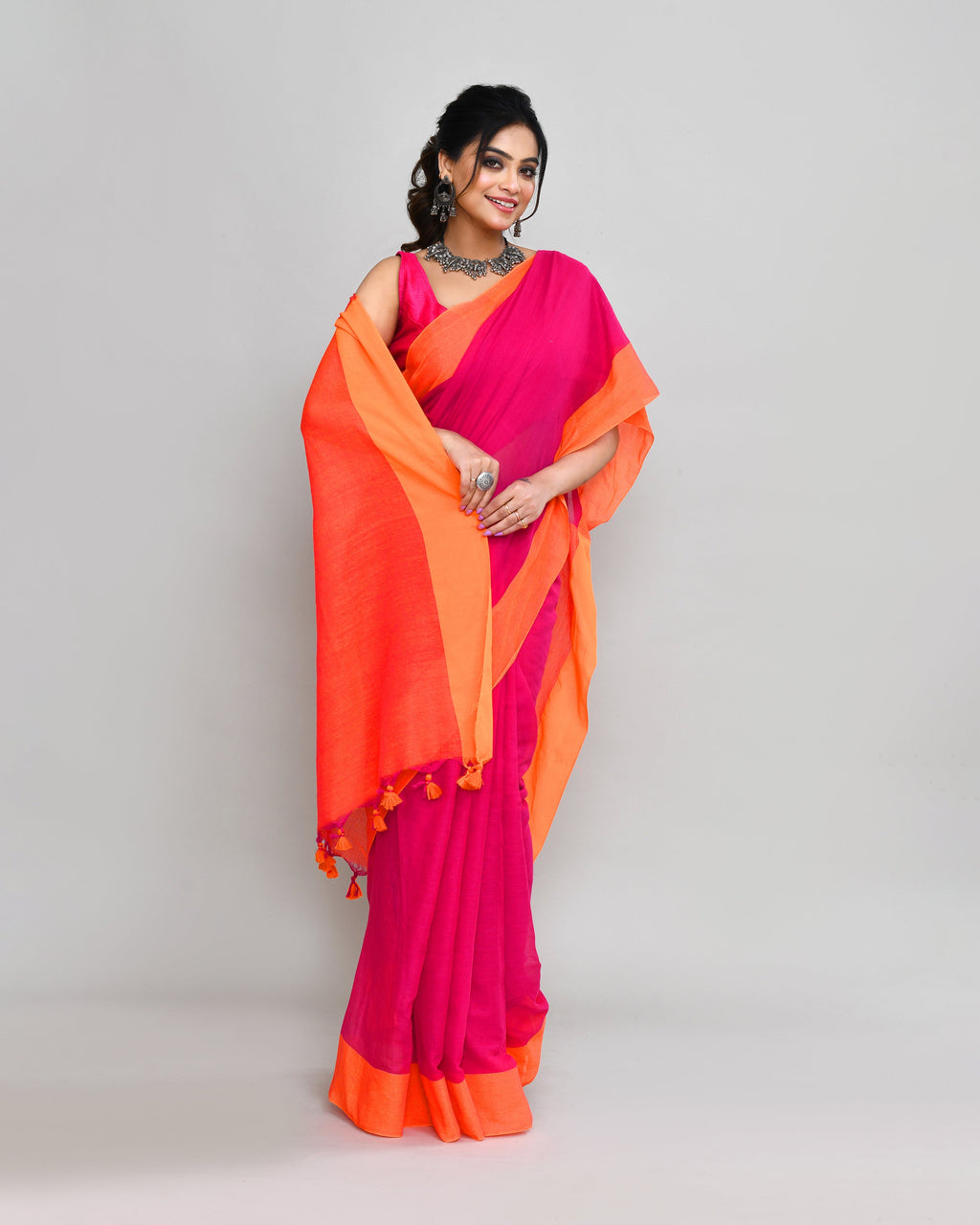 Piyari Fashion Orange Border Rani Pink Cotton Saree With Tassels - Distacart