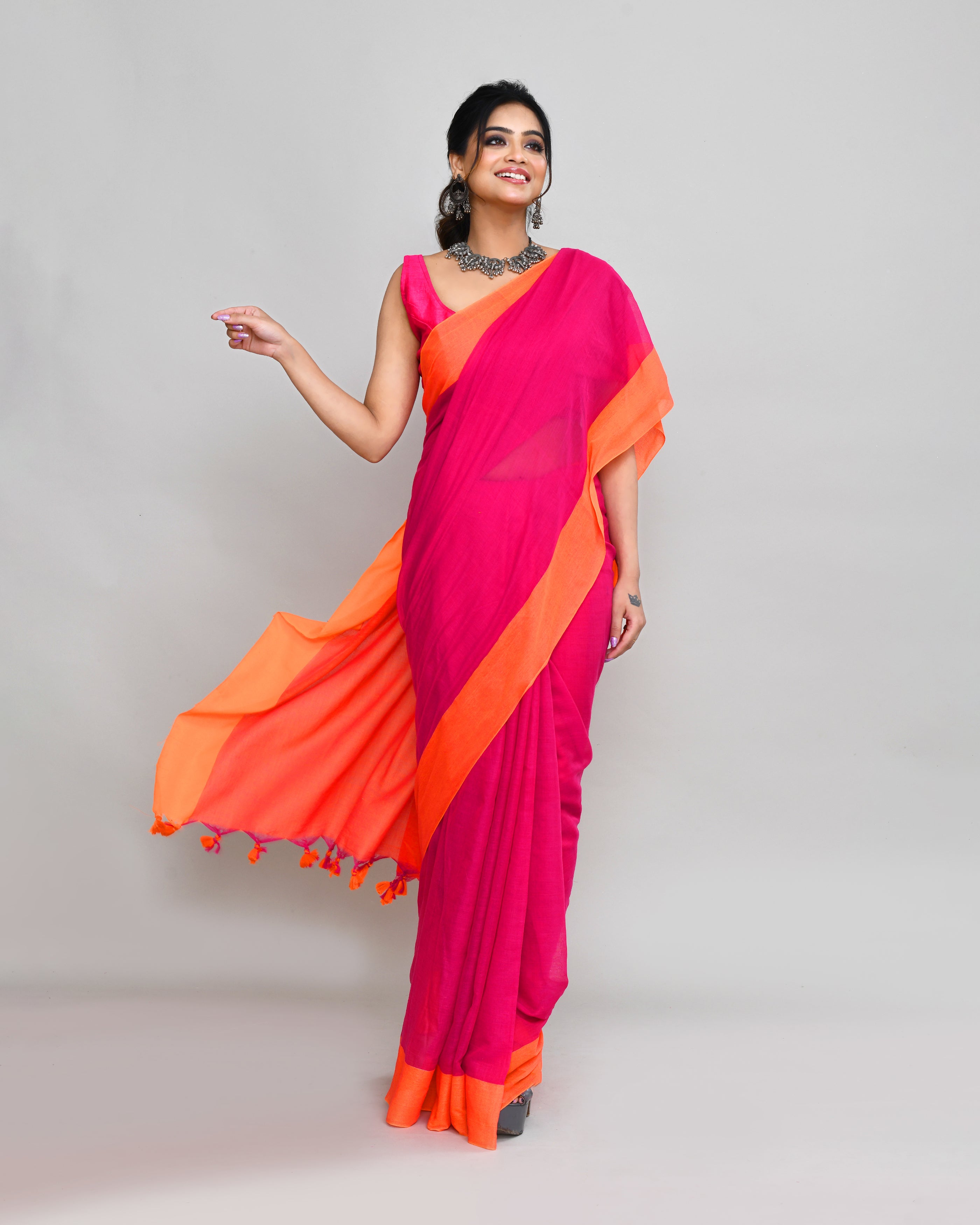 Piyari Fashion Orange Border Rani Pink Cotton Saree With Tassels - Distacart