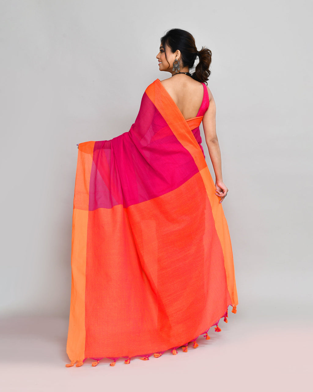 Piyari Fashion Orange Border Rani Pink Cotton Saree With Tassels - Distacart