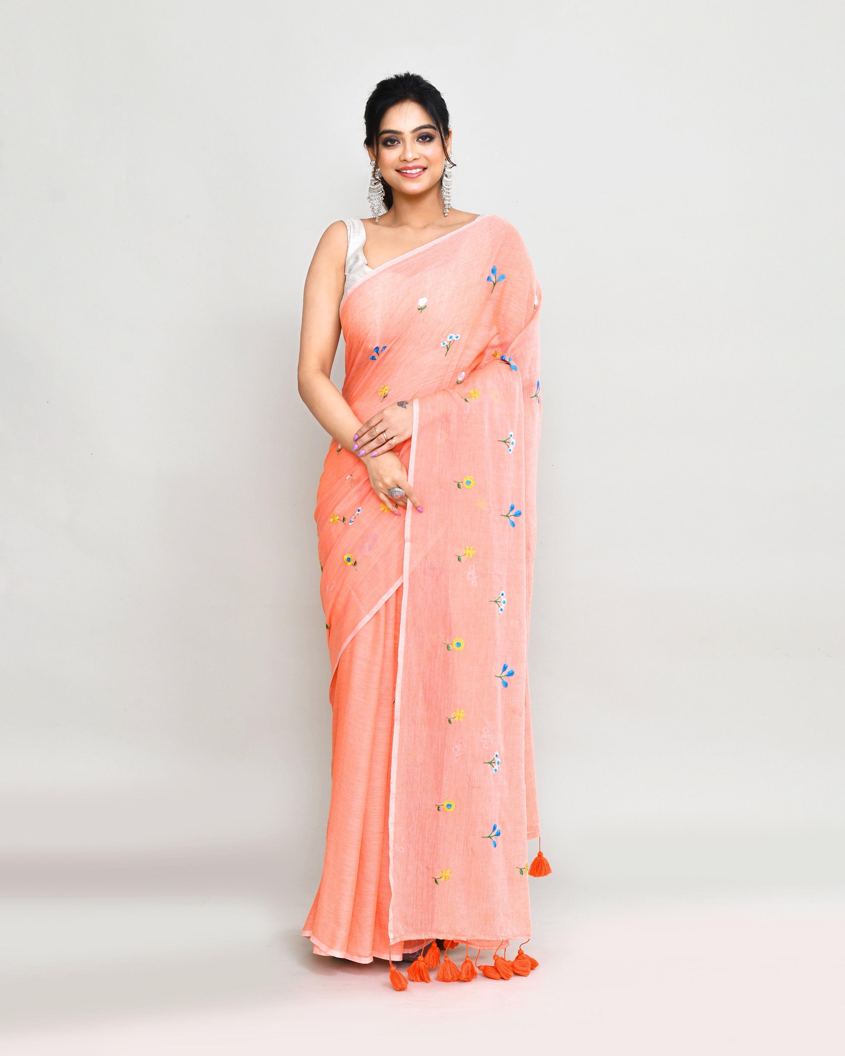 Piyari Fashion Women's Salmon Exclusive Embroidery Saree With Tassels - Distacart
