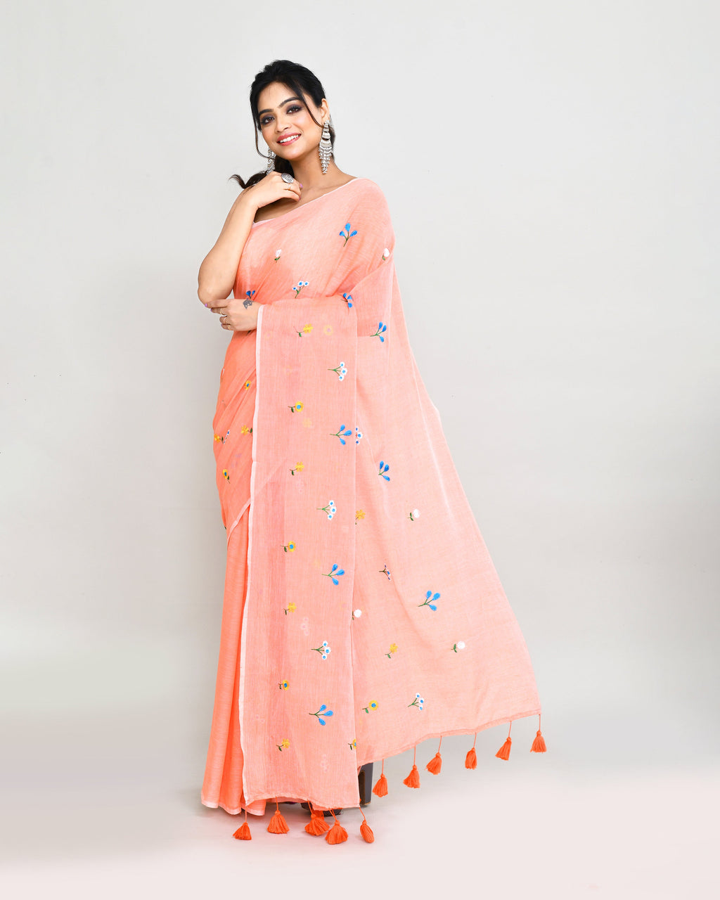 Piyari Fashion Women's Salmon Exclusive Embroidery Saree With Tassels - Distacart