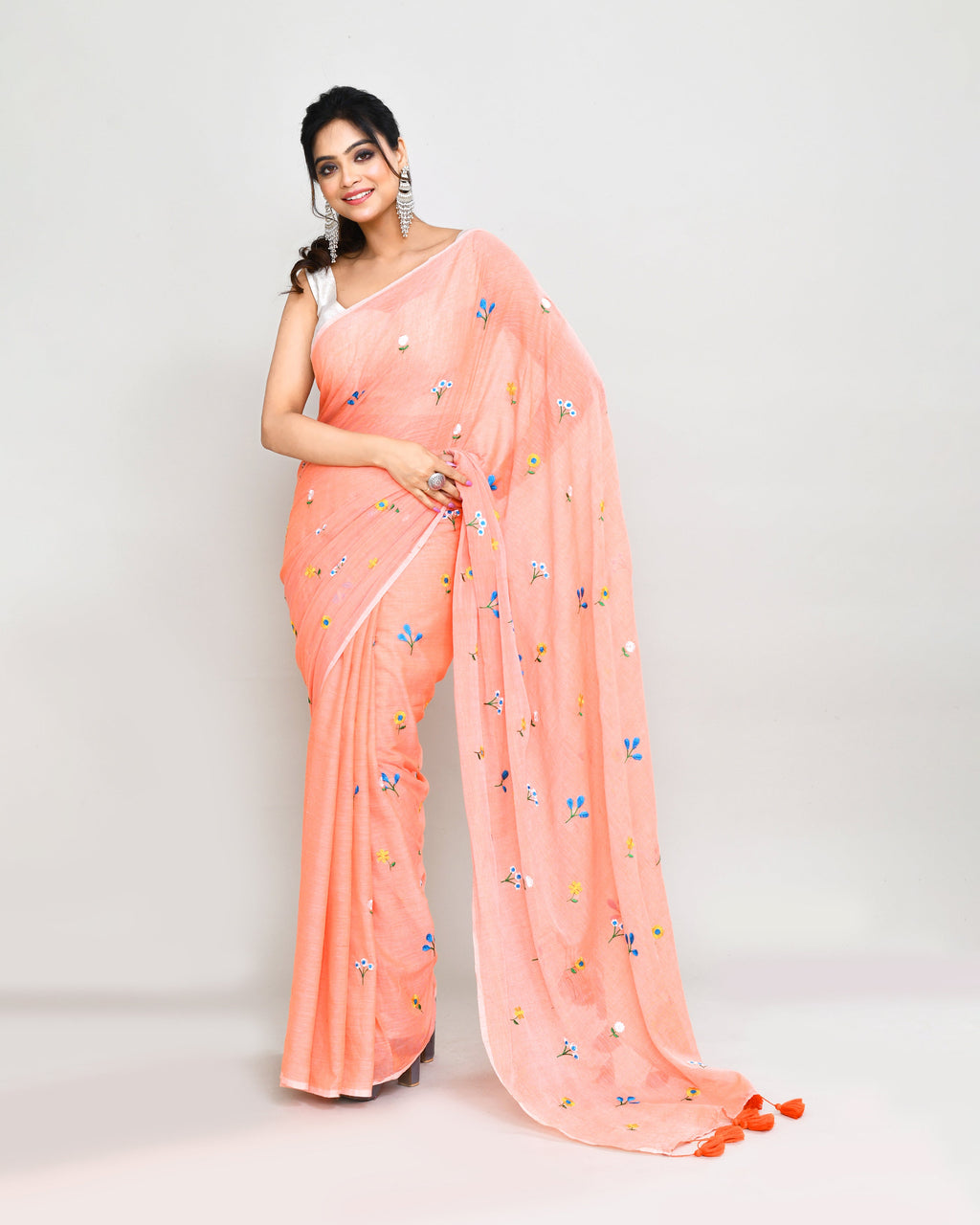 Piyari Fashion Women's Salmon Exclusive Embroidery Saree With Tassels - Distacart