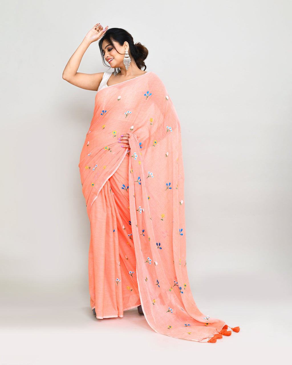 Piyari Fashion Women's Salmon Exclusive Embroidery Saree With Tassels - Distacart