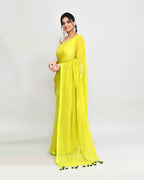 Piyari Fashion Woven's Lime Mulmul Cotton Saree With Tassels - Distacart