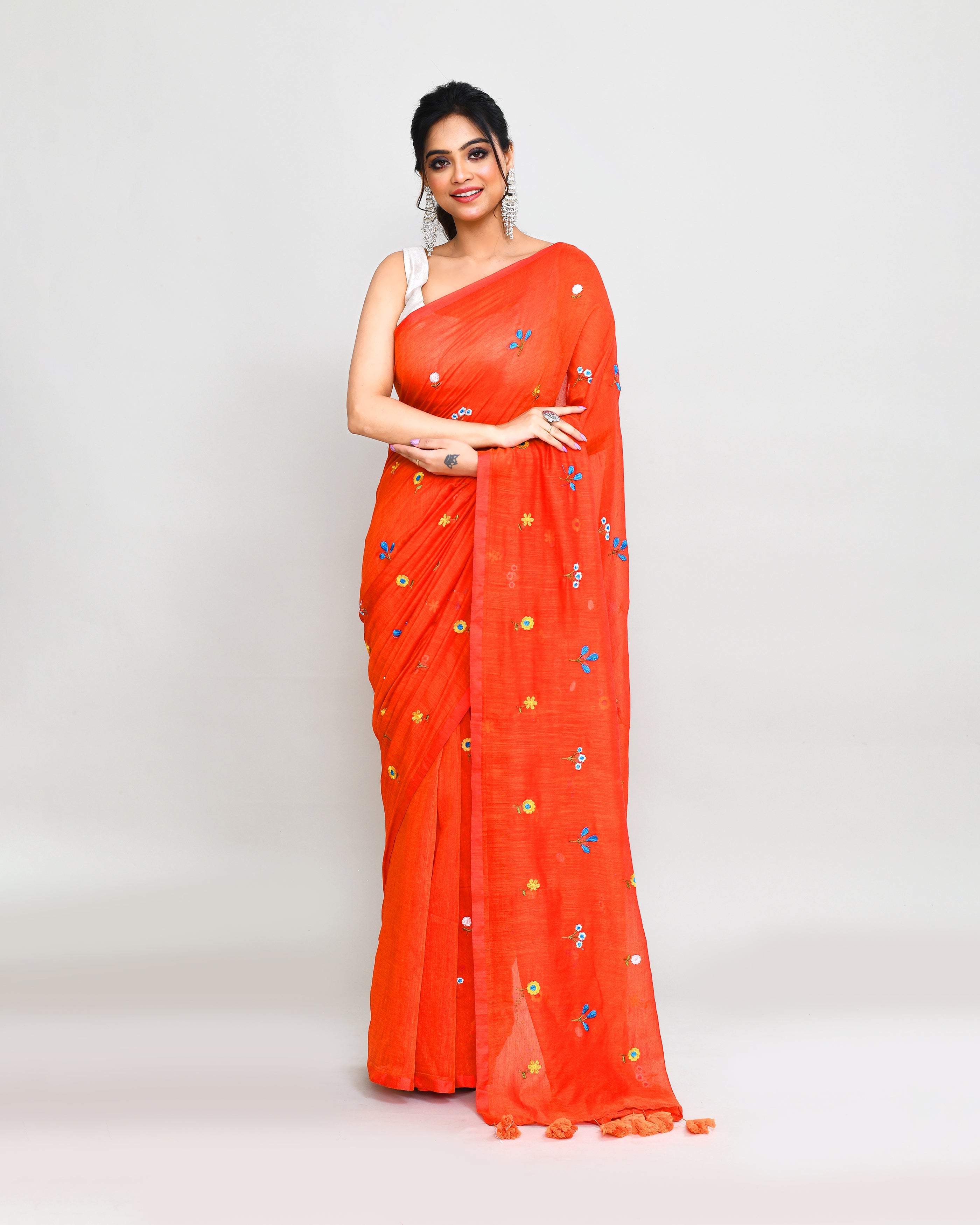 Piyari Fashion Women's Orange Red Dual Tone Exclusive Embroidery Saree With Tassels - Distacart