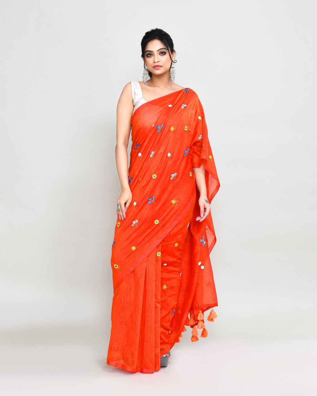 Piyari Fashion Women's Orange Red Dual Tone Exclusive Embroidery Saree With Tassels - Distacart