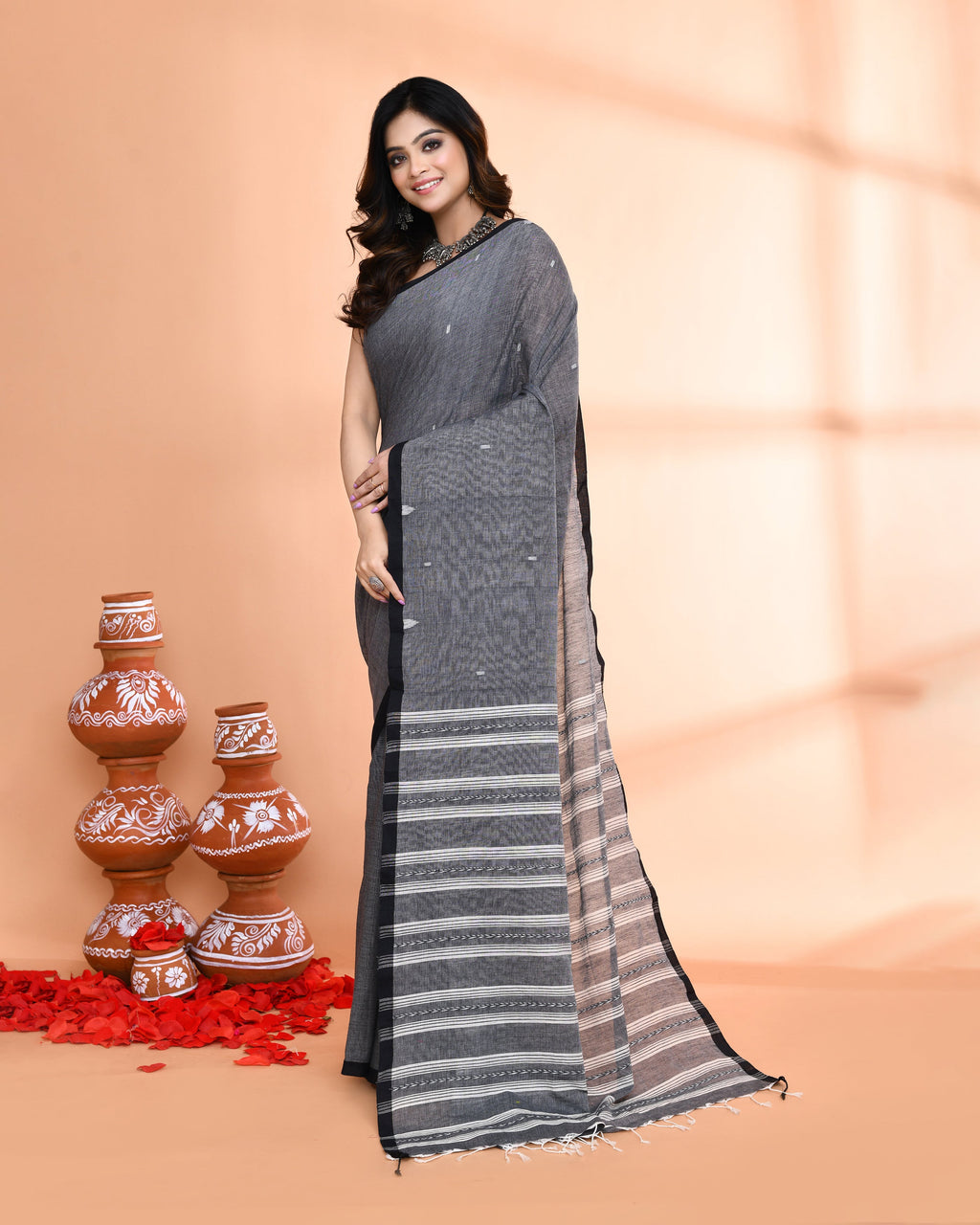 Piyari Fashion Women`s Grey Hand Work Cotton Saree With Blouse - Distacart