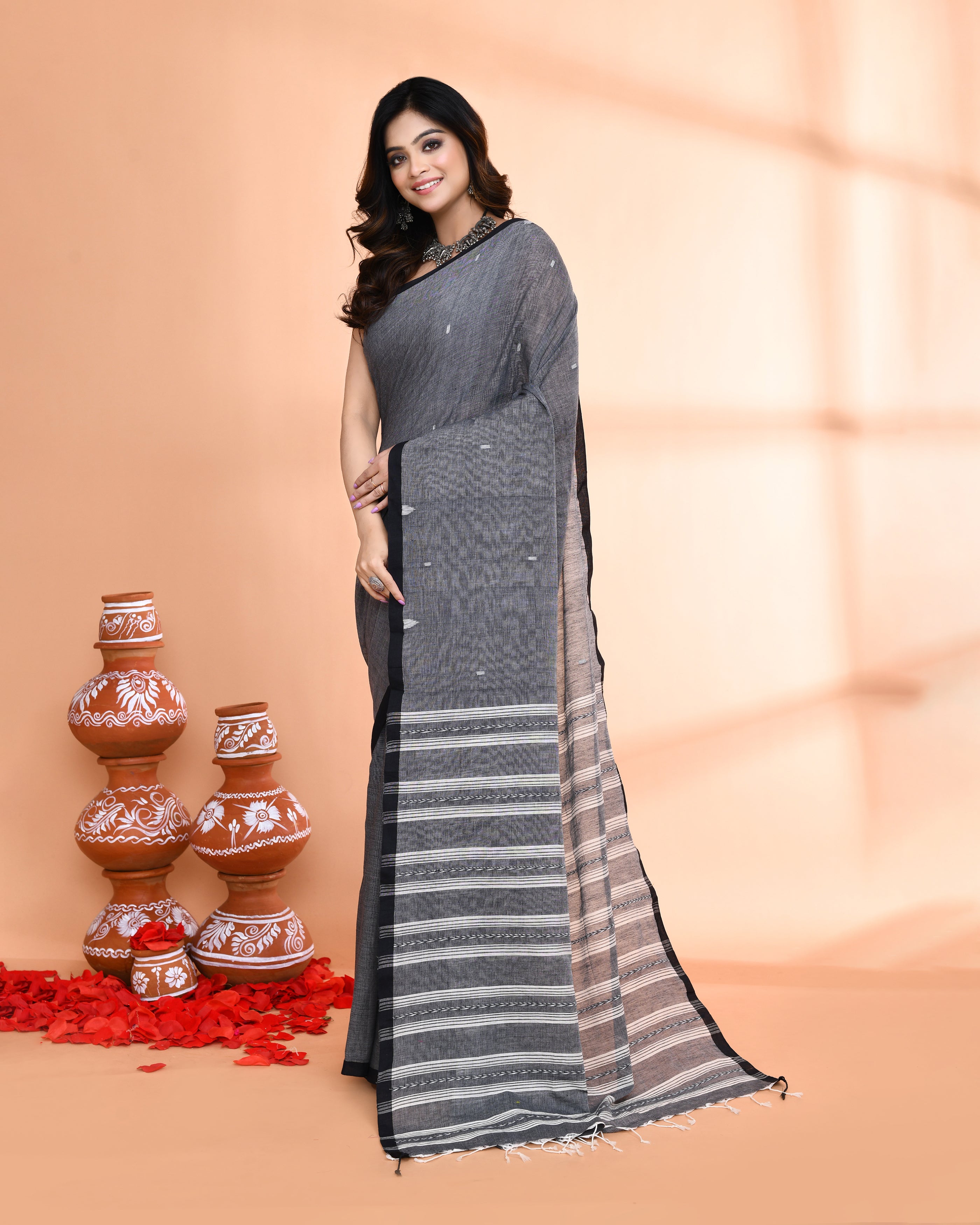 Piyari Fashion Women`s Grey Hand Work Cotton Saree With Blouse - Distacart