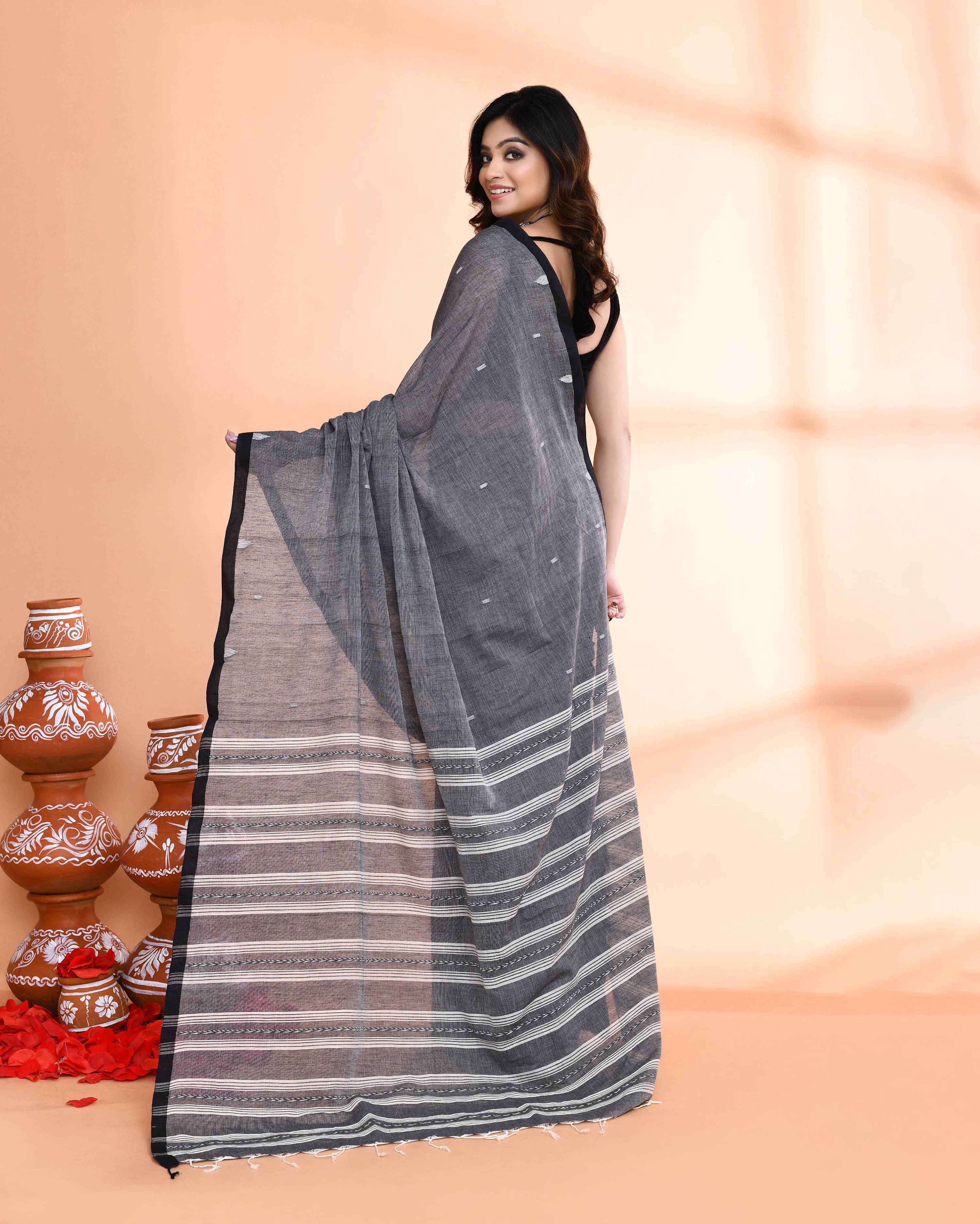 Piyari Fashion Women`s Grey Hand Work Cotton Saree With Blouse - Distacart