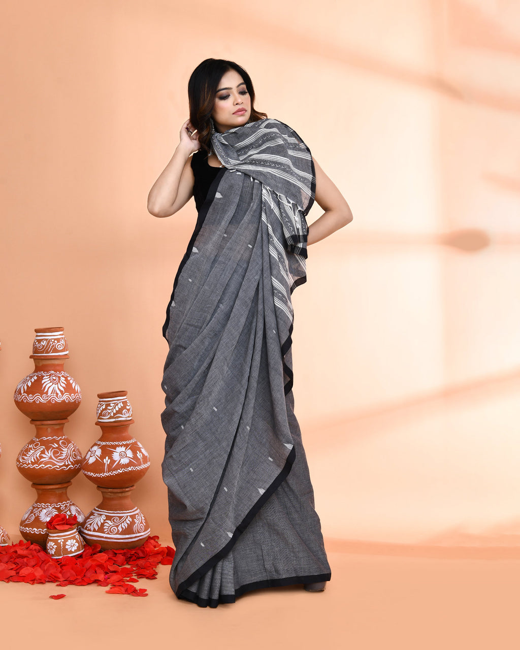 Piyari Fashion Women`s Grey Hand Work Cotton Saree With Blouse - Distacart