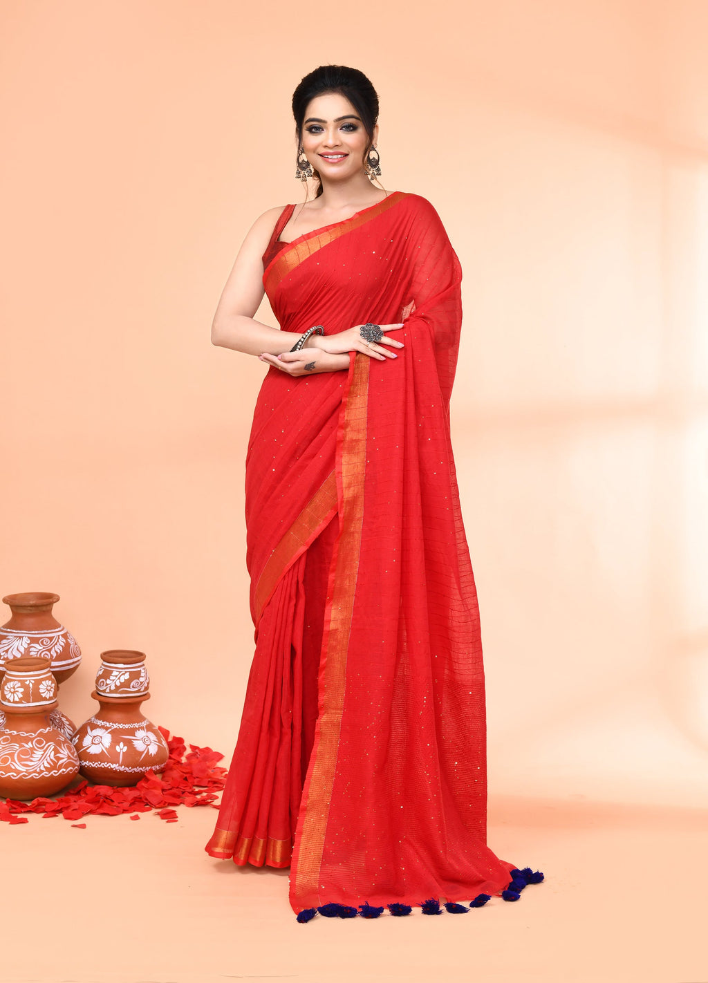 Piyari Fashion Women`s Cotton Handloom Red Sequin Saree With Blouse - Distacart