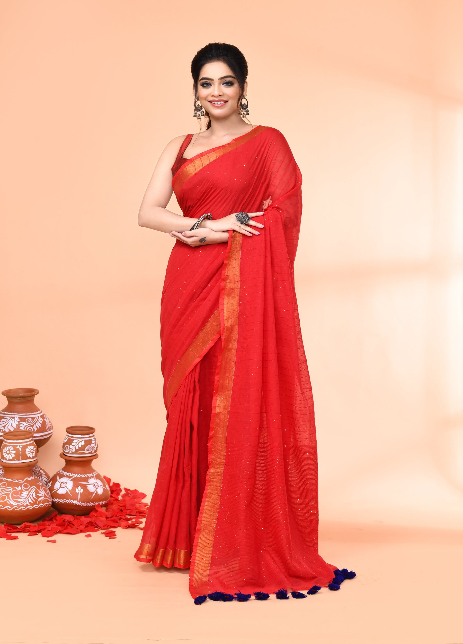Piyari Fashion Women`s Cotton Handloom Red Sequin Saree With Blouse - Distacart
