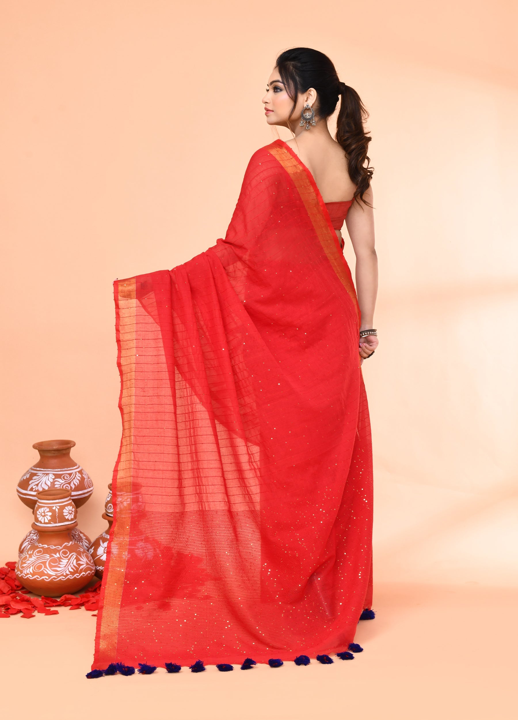 Piyari Fashion Women`s Cotton Handloom Red Sequin Saree With Blouse - Distacart