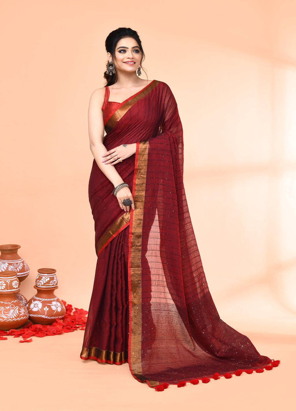 Piyari Fashion Women`s Cotton Handloom Maroon Sequin Saree With Blouse - Distacart
