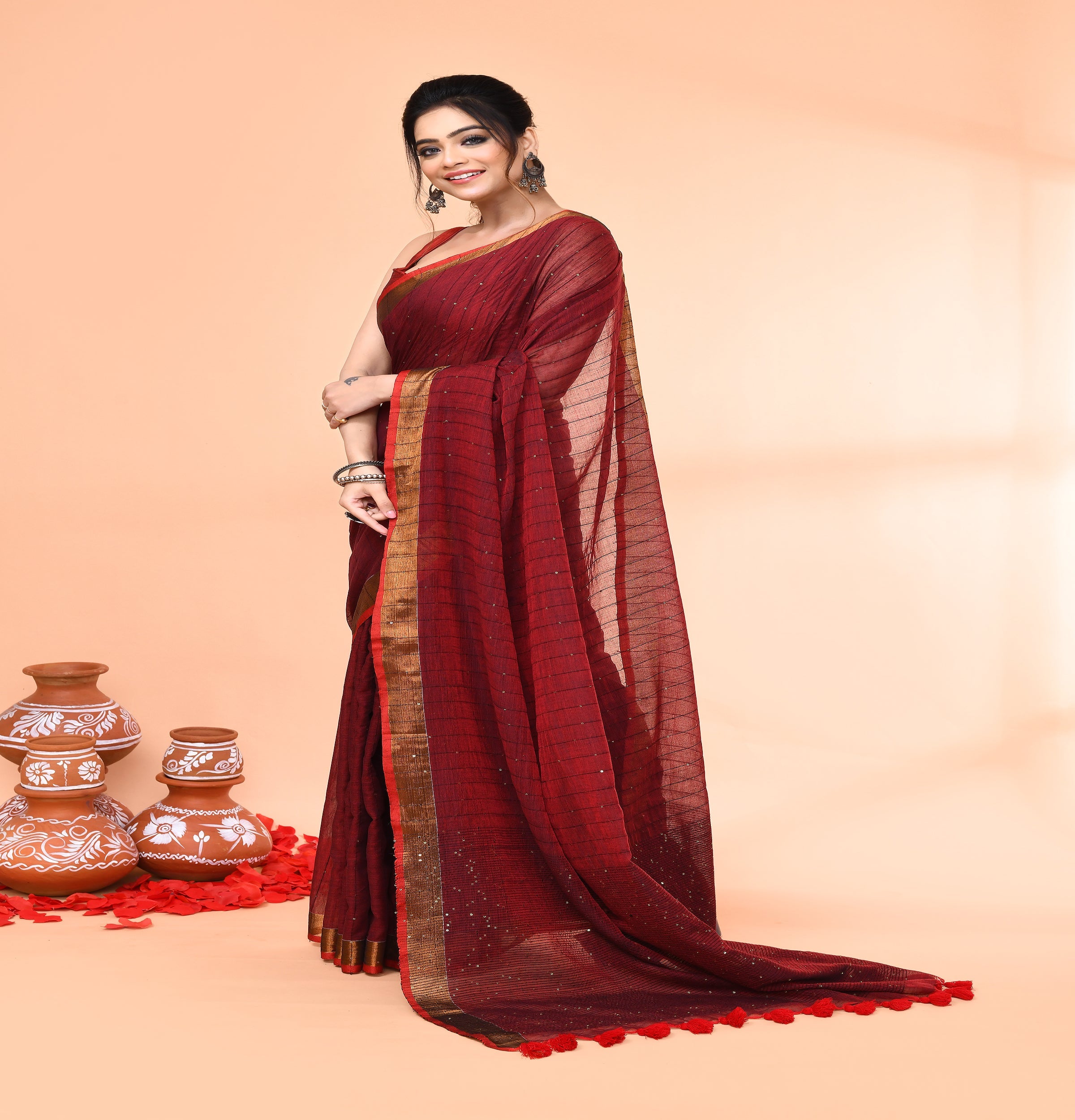 Piyari Fashion Women`s Cotton Handloom Maroon Sequin Saree With Blouse - Distacart