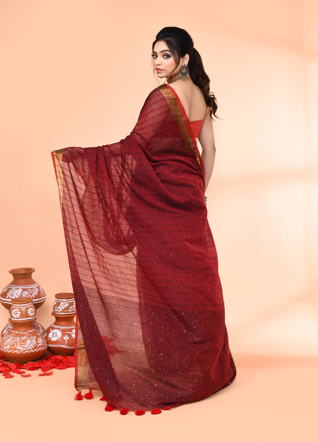Piyari Fashion Women`s Cotton Handloom Maroon Sequin Saree With Blouse - Distacart