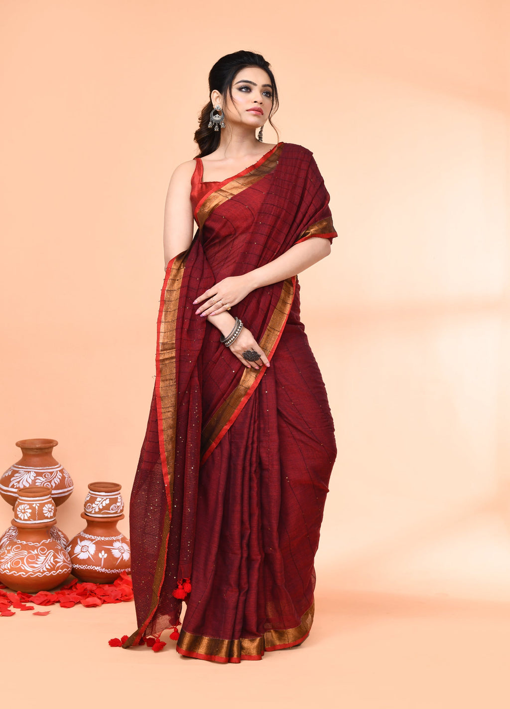 Piyari Fashion Women`s Cotton Handloom Maroon Sequin Saree With Blouse - Distacart