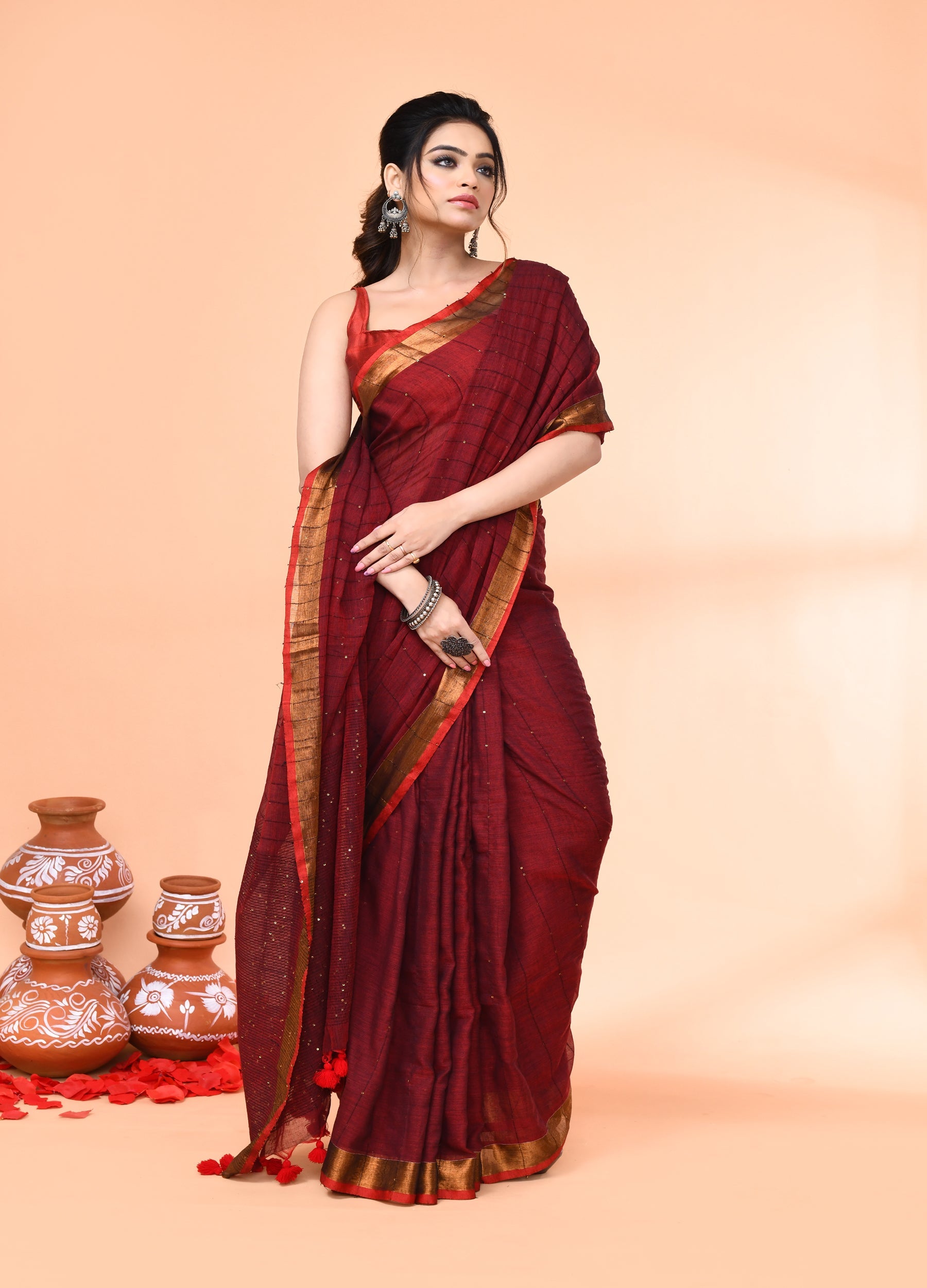 Piyari Fashion Women`s Cotton Handloom Maroon Sequin Saree With Blouse - Distacart