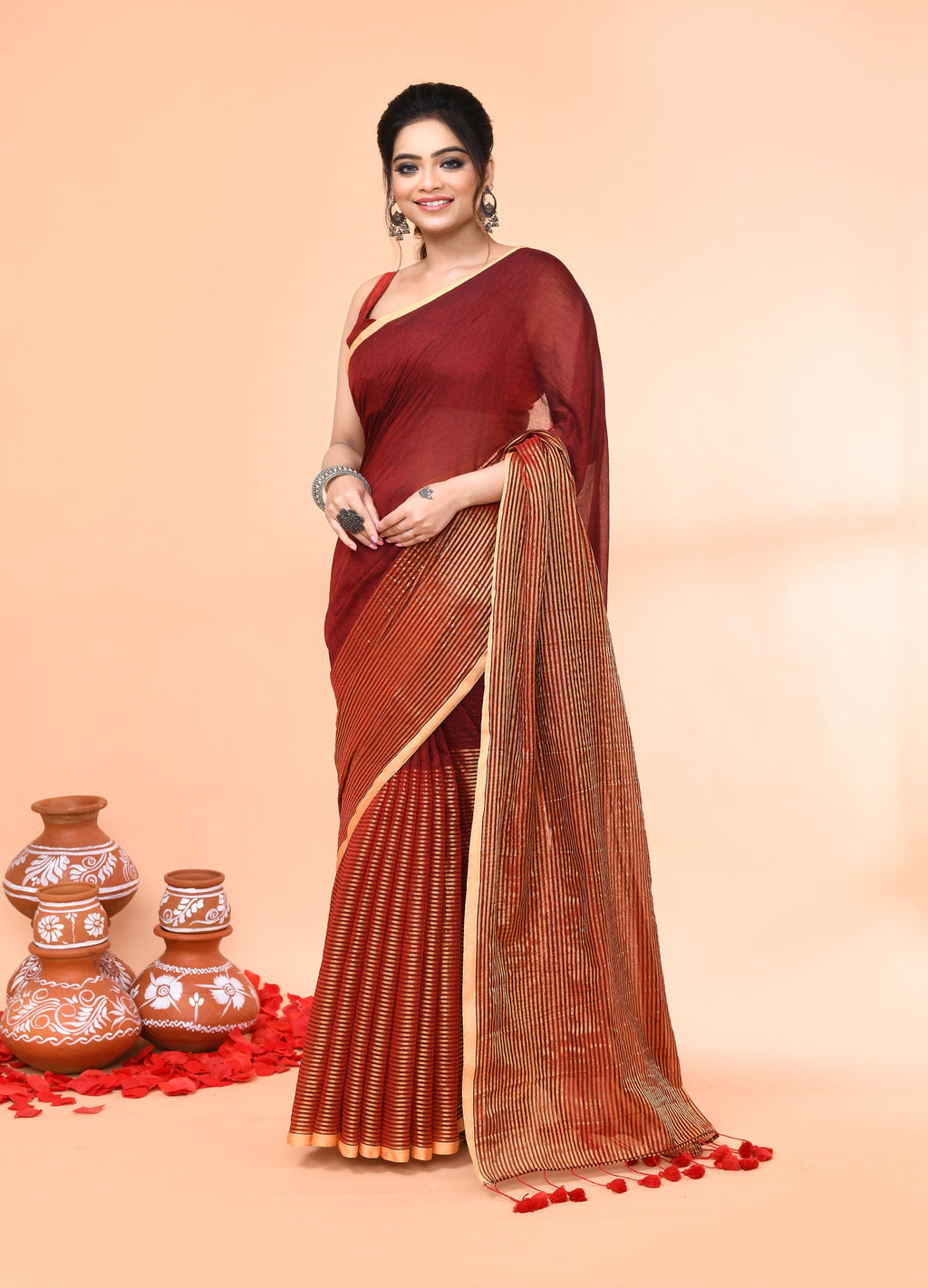 Piyari Fashion Women`s Maroon Cotton Handloom Saree With Gold Zari Stripes - Distacart