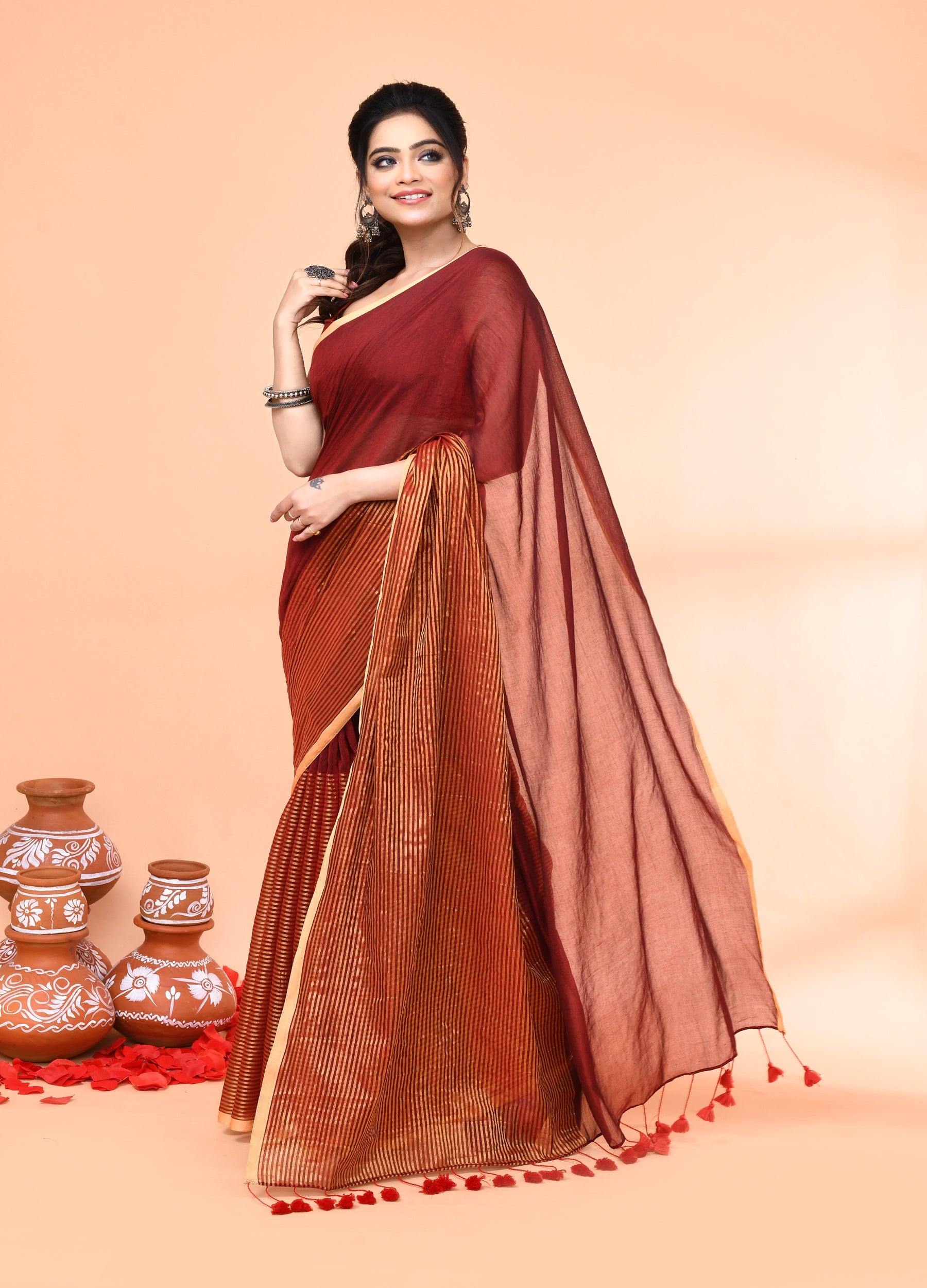 Piyari Fashion Women`s Maroon Cotton Handloom Saree With Gold Zari Stripes - Distacart