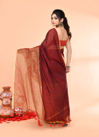 Piyari Fashion Women`s Maroon Cotton Handloom Saree With Gold Zari Stripes - Distacart