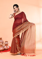 Piyari Fashion Women`s Maroon Cotton Handloom Saree With Gold Zari Stripes - Distacart