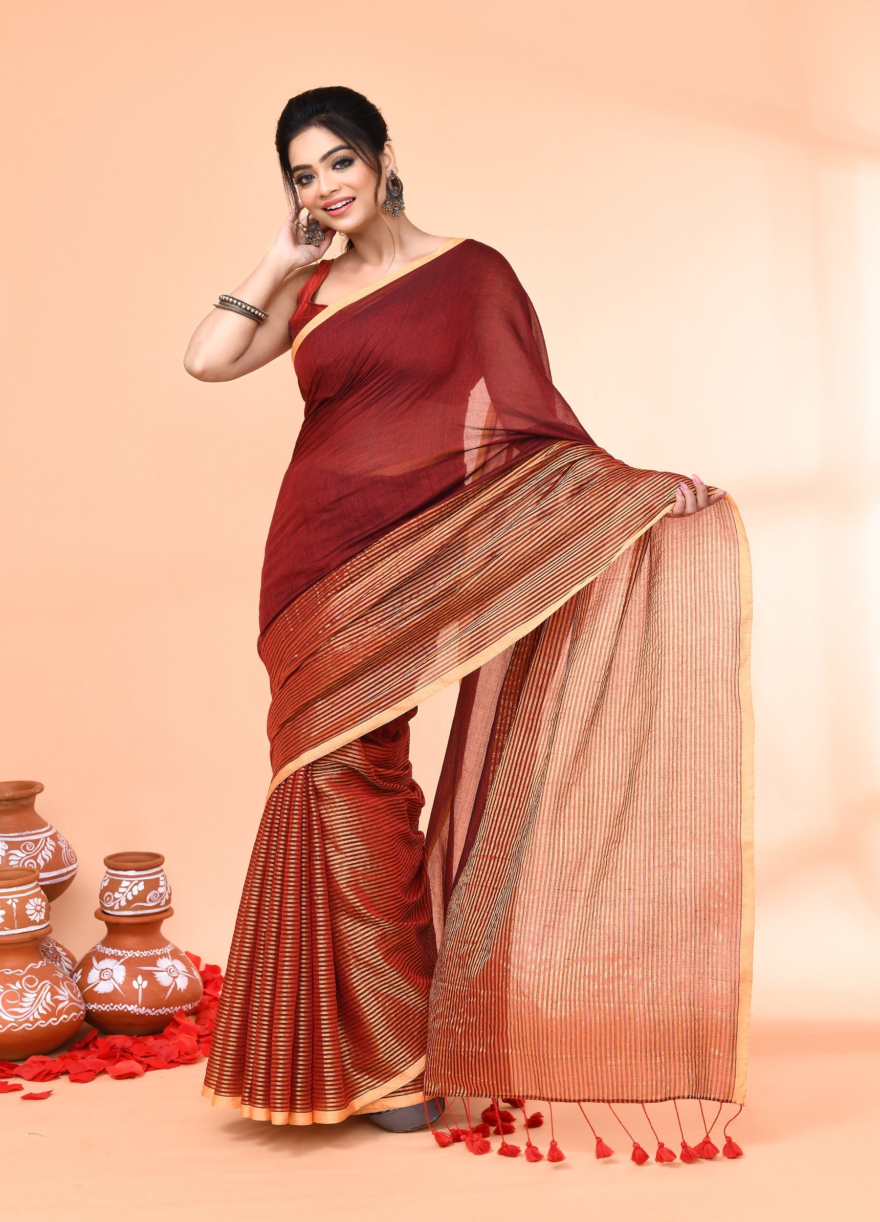 Piyari Fashion Women`s Maroon Cotton Handloom Saree With Gold Zari Stripes - Distacart