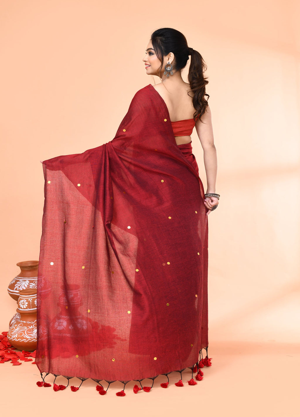 Piyari Fashion Women`s Cotton Handloom Maroon Sequin Saree With Blouse - Distacart