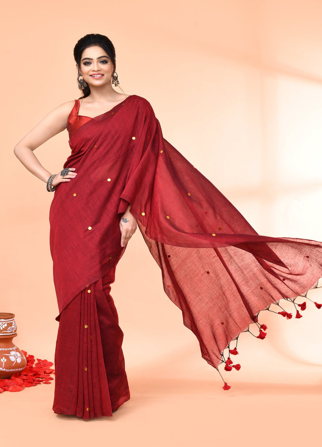 Piyari Fashion Women`s Cotton Handloom Maroon Sequin Saree With Blouse - Distacart