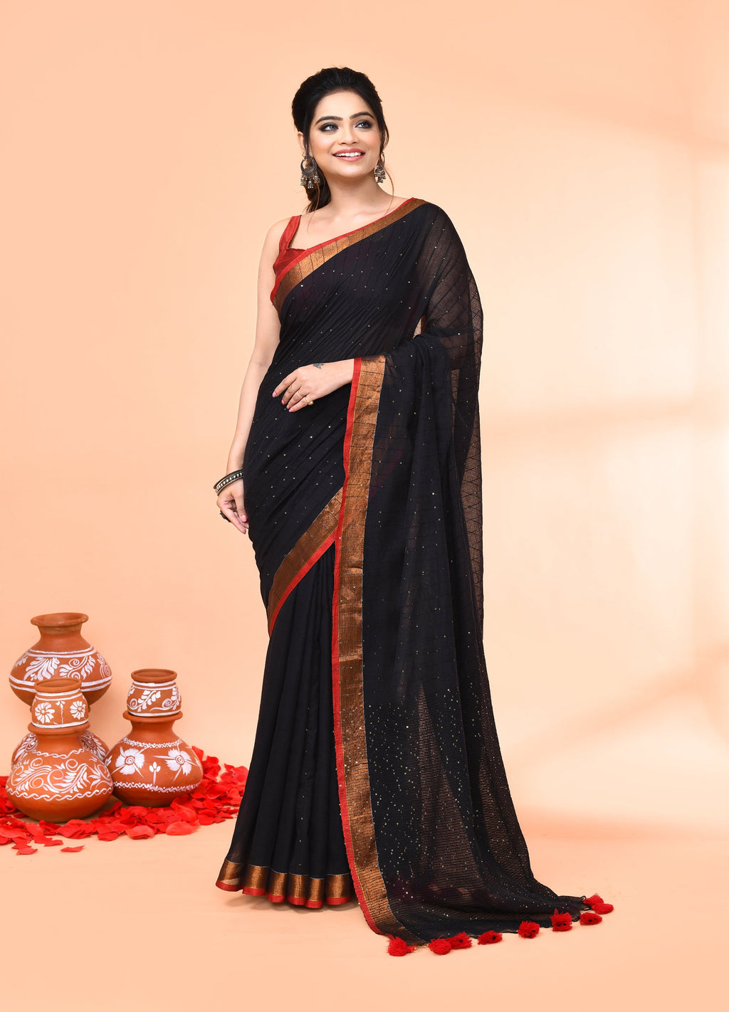 Piyari Fashion Women`s Cotton Handloom Black Sequin Saree With Blouse - Distacart
