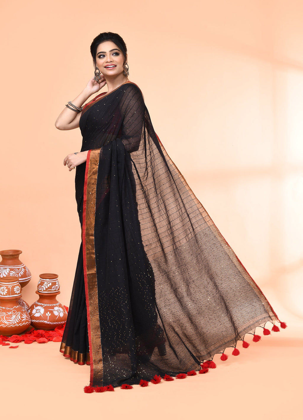 Piyari Fashion Women`s Cotton Handloom Black Sequin Saree With Blouse - Distacart