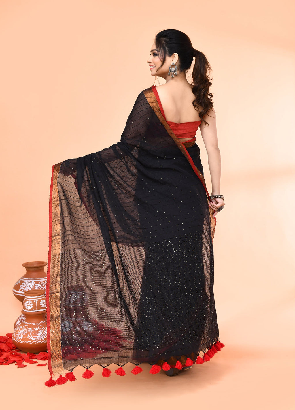 Piyari Fashion Women`s Cotton Handloom Black Sequin Saree With Blouse - Distacart