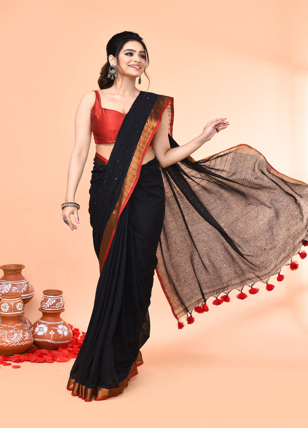 Piyari Fashion Women`s Cotton Handloom Black Sequin Saree With Blouse - Distacart
