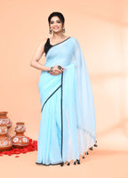 Piyari Fashion Aqua Blue Mulmul Cotton Saree With Tassels - Distacart